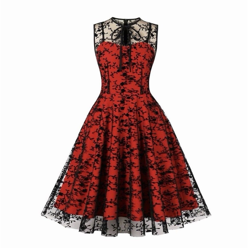 Women Mesh Floral Embroidery Vintage Swing Dress 50s A-Line Cocktail Goth